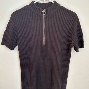 Vintage zip-up short sleeve dark brown sweater